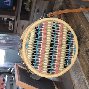 Patricia Nash Beige Woven Crossbody Bag with Multicolor Beads